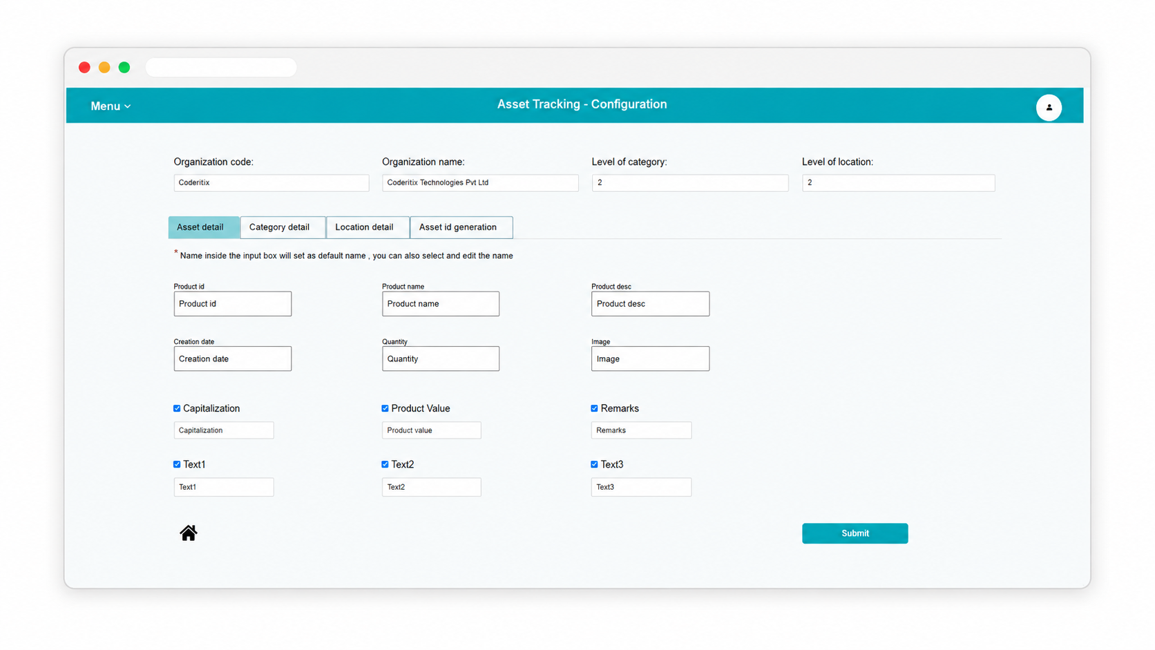 Asset tracking configuration dashboard screenshot